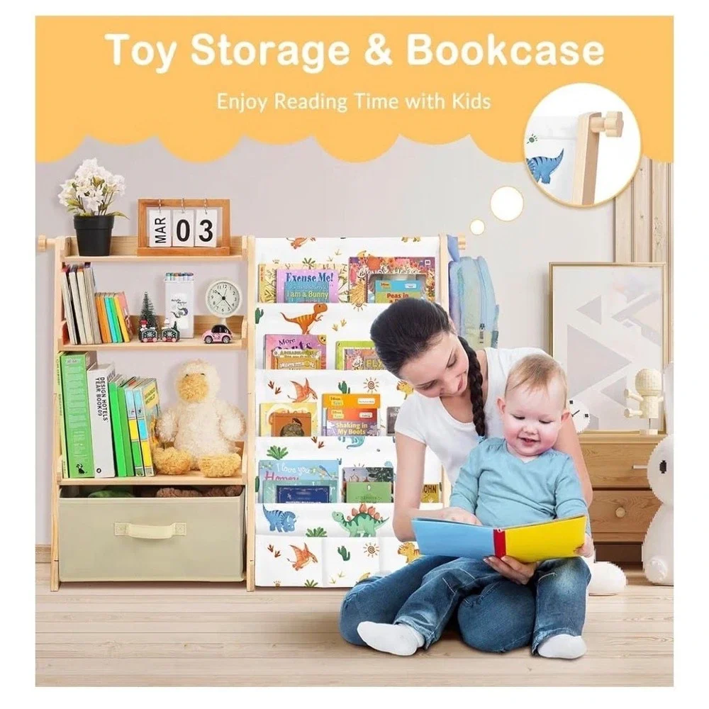 2-in-1 Kids Wooden Bookshelf and Toy Storage Organizer with 4 Sling Pockets and